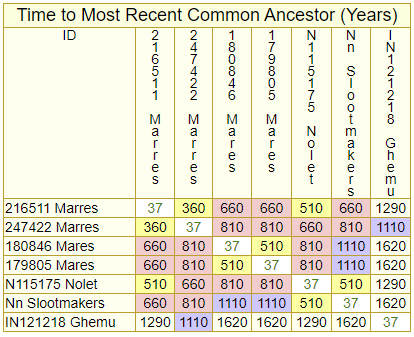 TMRCA-Y Comparison tables